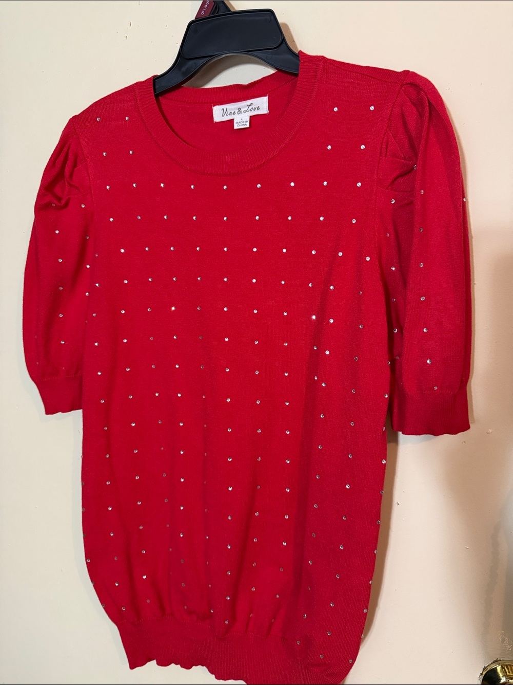 Vine & Love Red Rhinestone Knit Sweater Top
